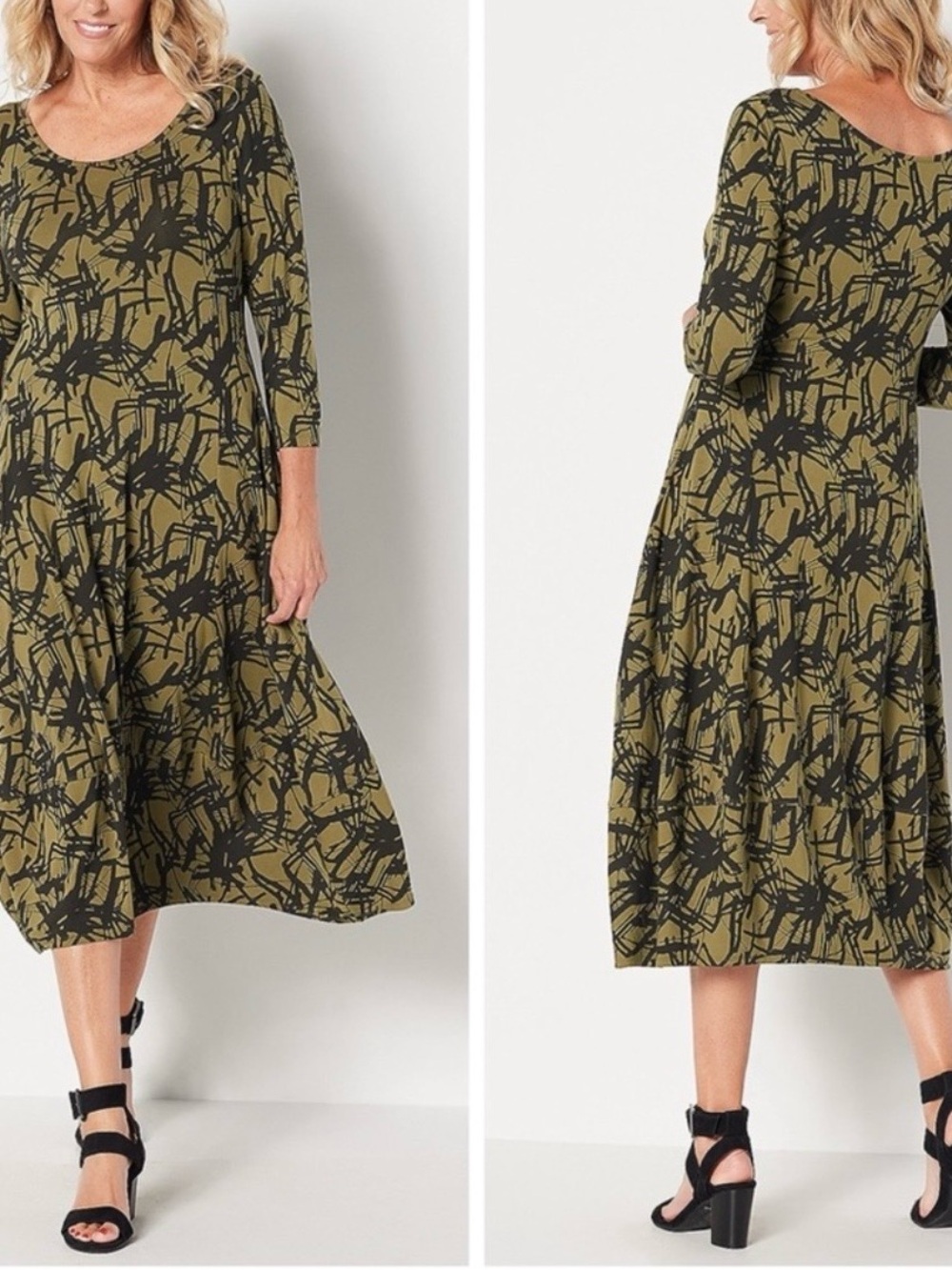 Truth + Style Olive & Black Abstract Printed Scoop-Neck Bubble Hem Dress